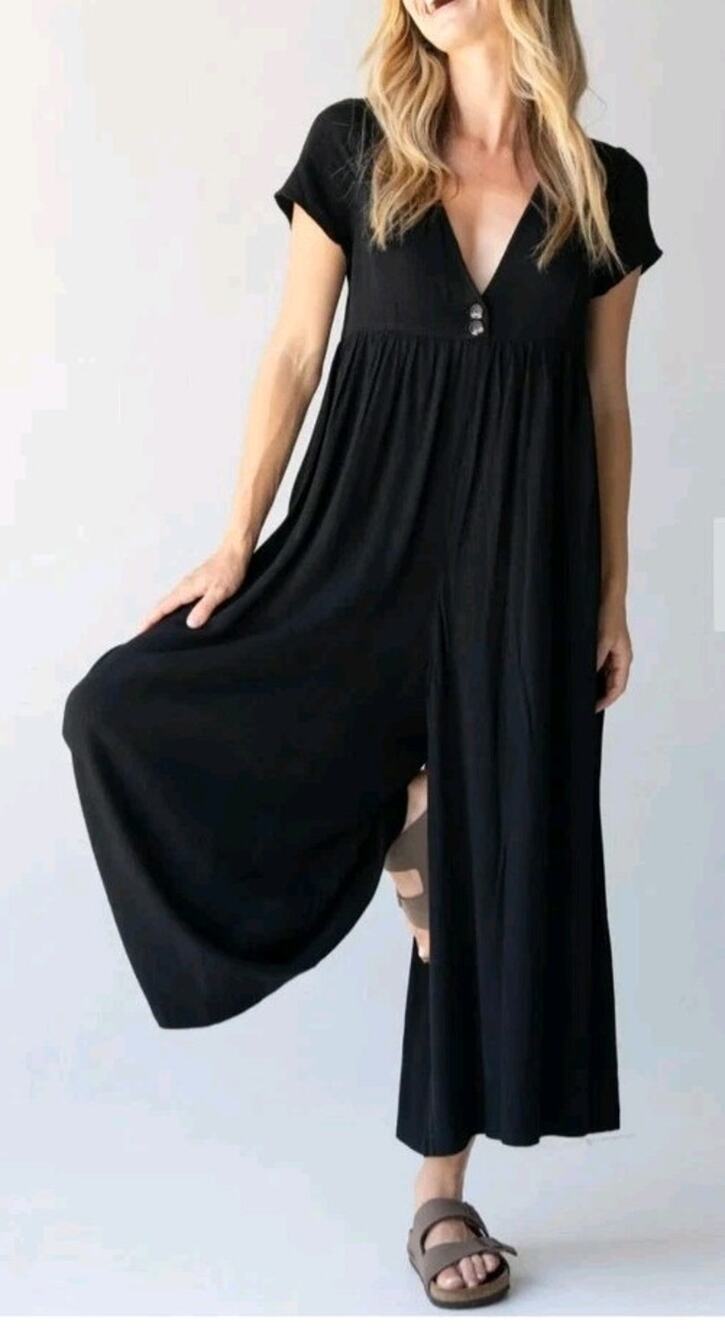 Natural Life Black Linen Blend Avery Wide Leg Jumpsuit Size Large Boho Comfort